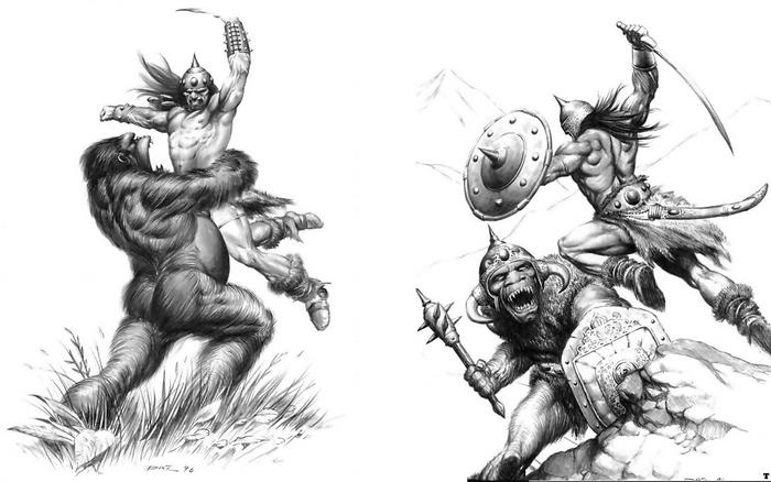Conan fighting a giant ape and a monkey-like creature