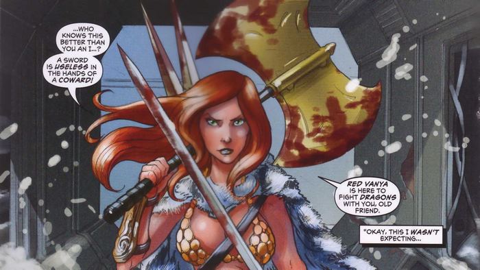 Red Sonja with Axe and Swords