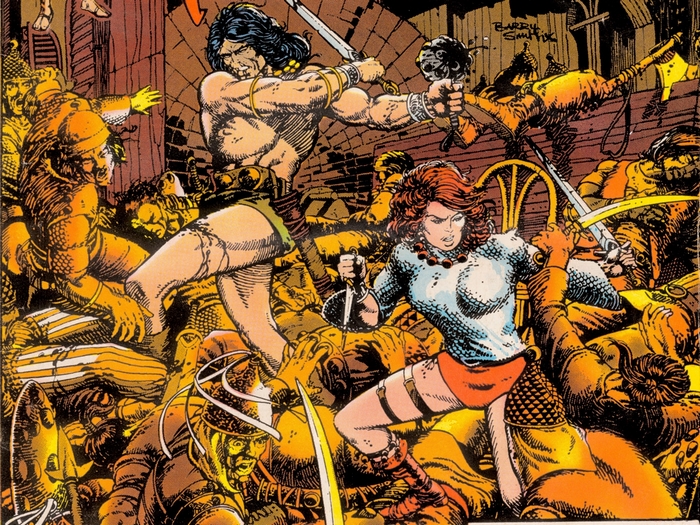 Conan the Barbarian and Red Sonja fighting enemies