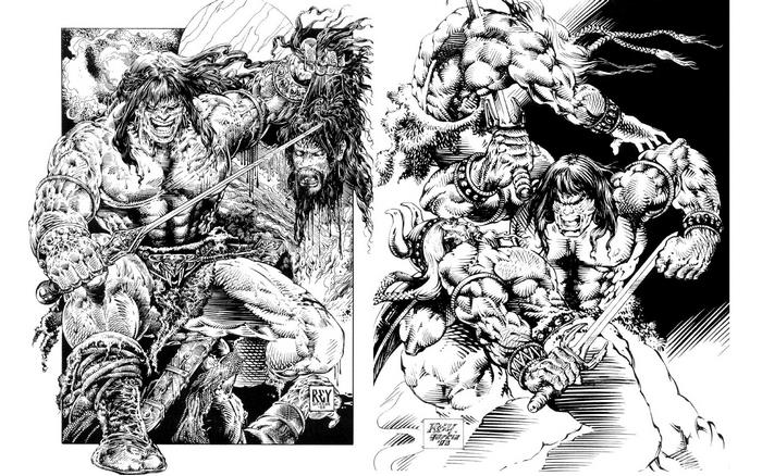 Conan the Barbarian fighting monsters