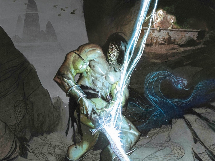 Conan the Barbarian fighting a spectral snake
