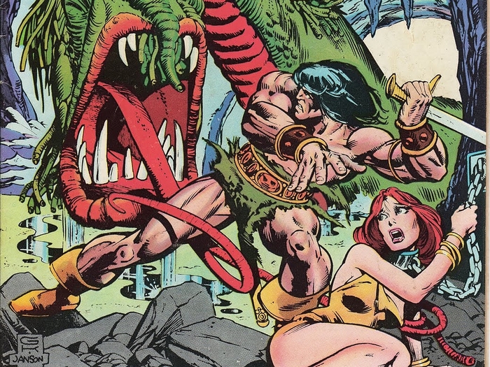 Conan the Barbarian fights a monster to save a woman