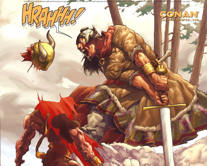 Conan the Barbarian fighting in a forest