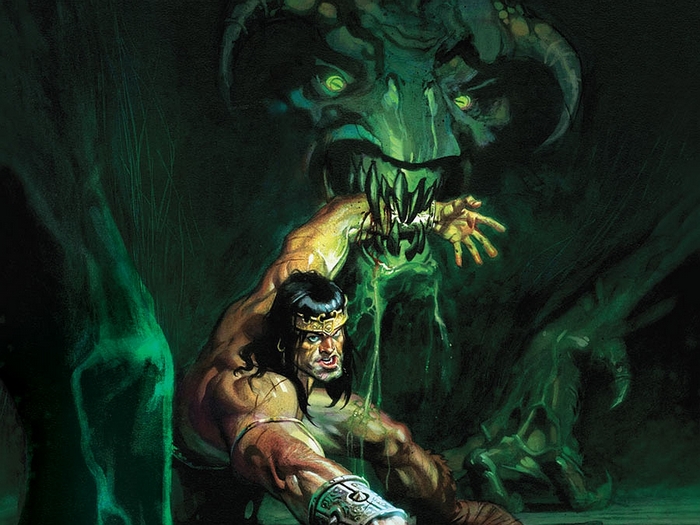 Conan fighting a green monster