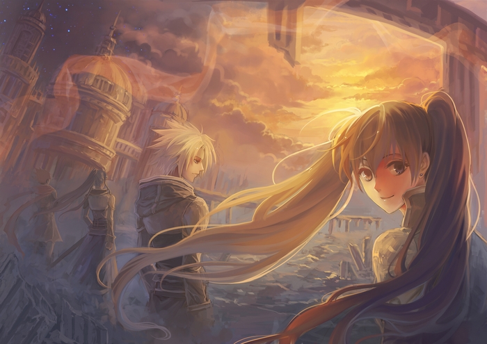 Allen Walker and companion in ruined city at sunset
