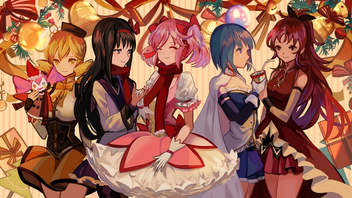 Five girls from Puella Magi Madoka Magica in Christmas outfits