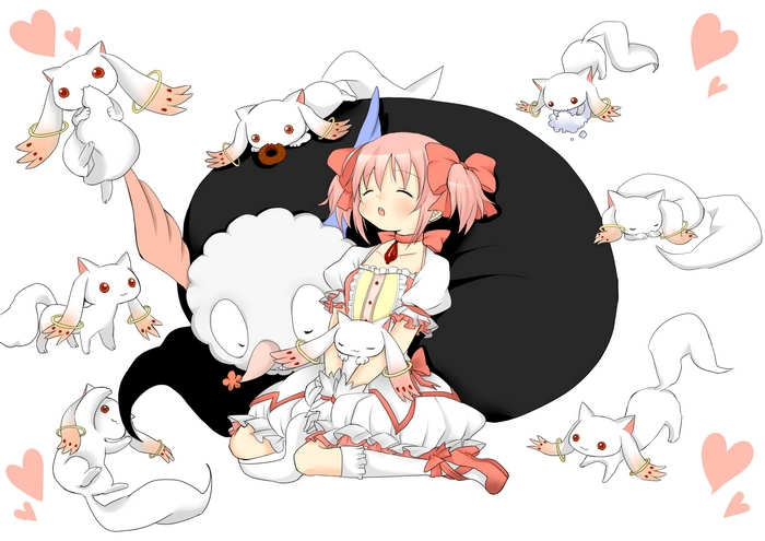 Madoka Kaname and Kyubey surrounded by familiars