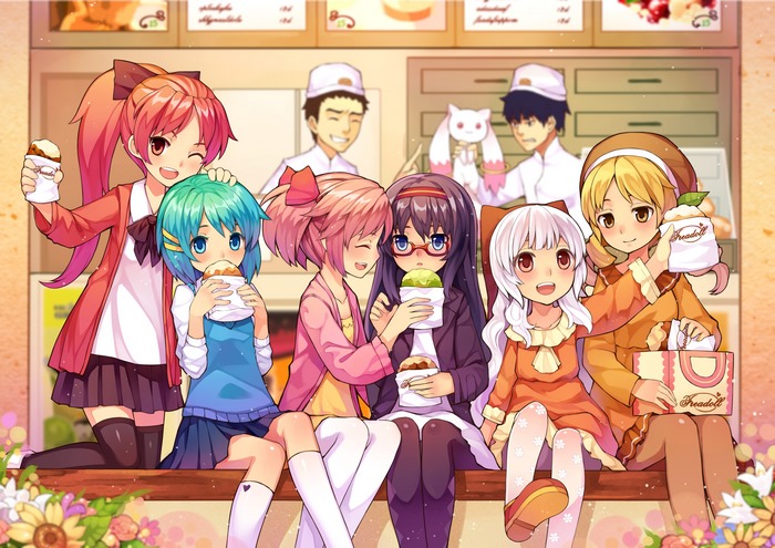Girls from Puella Magi Madoka Magica eating at a bakery