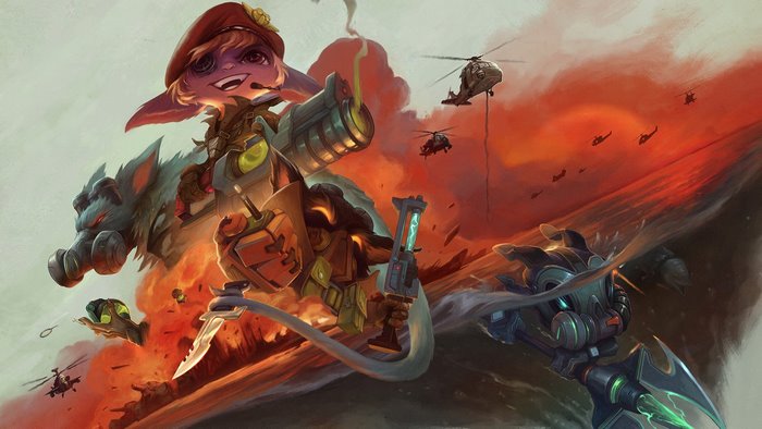 Tristana and Rumble from League of Legends in battle