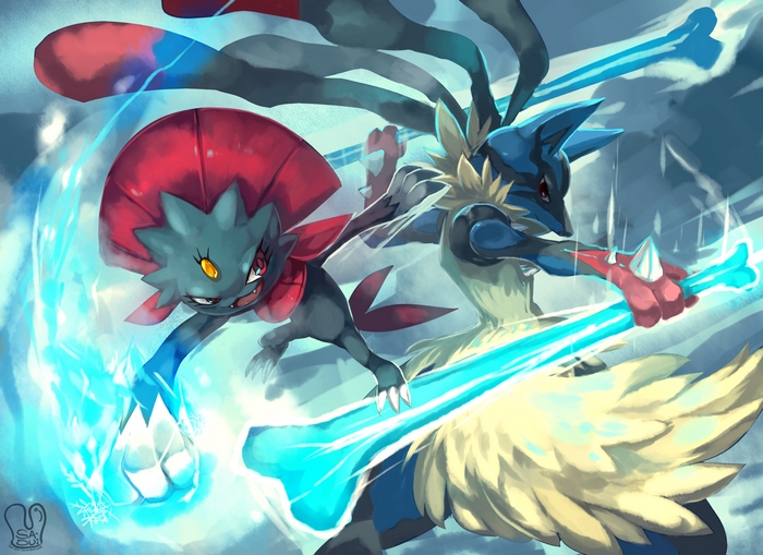 Dynamic Battle Scene Featuring Lucario and Weavile