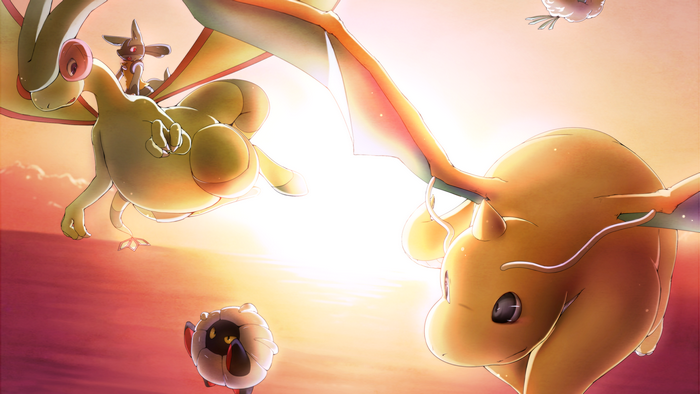 Dragonite, Flygon, and other Pokémon flying at sunset