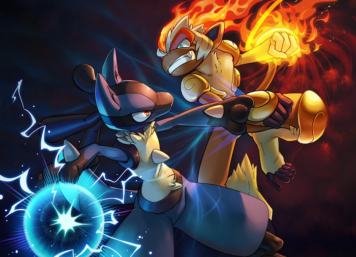 Lucario Intense Battle with Blaziken Elements