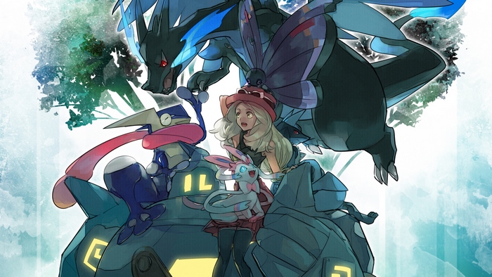 Serena, Greninja, Sylveon, and Mega Charizard X from Pokémon