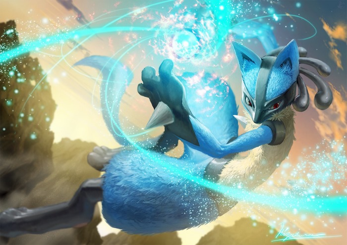 Lucario using Aura Sphere in a rocky landscape