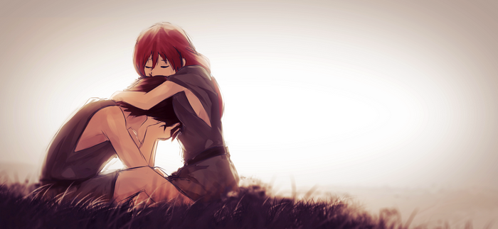 Haruhiro from Grimgar of Fantasy and Ash hugging another person