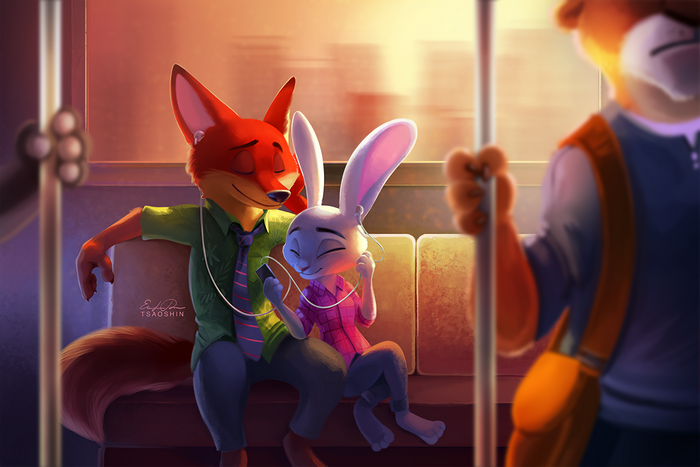 Nick Wilde and Judy Hopps listening to music on a train