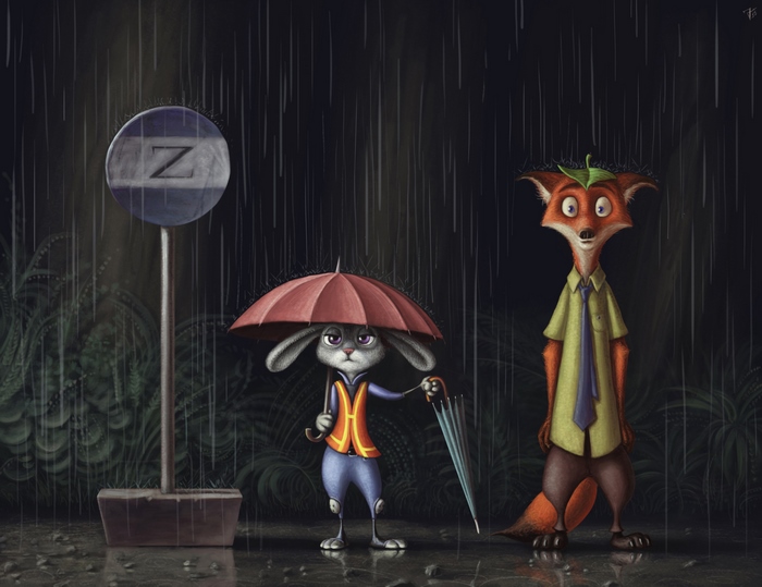 Judy Hopps and Nick Wilde in the rain