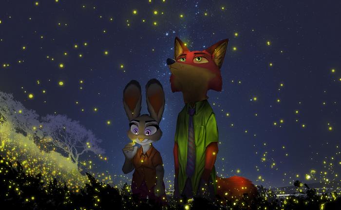 Judy Hopps and Nick Wilde looking at fireflies
