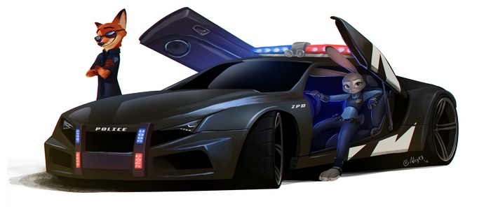 Nick Wilde and Judy Hopps with a police car