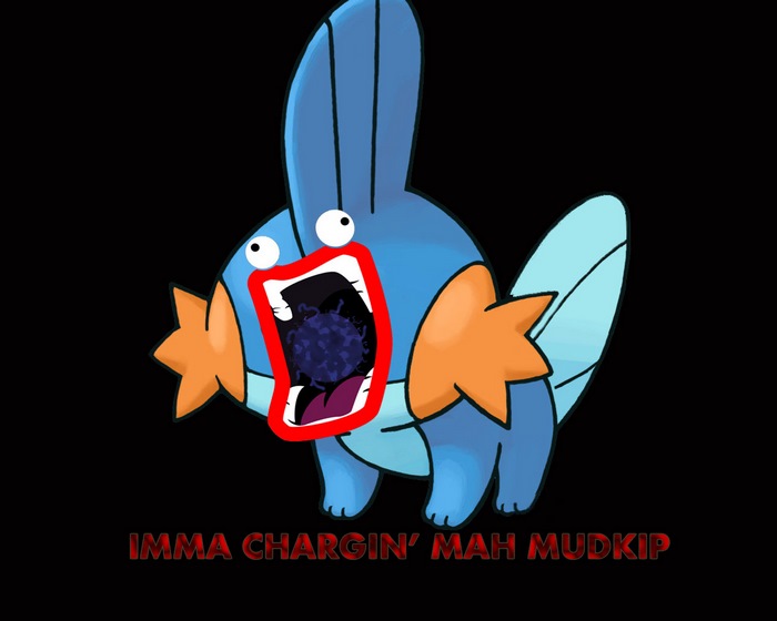 Mudkip from Pokemon with a virus in its mouth