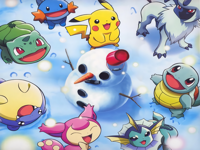 Pokemon characters with a snowman