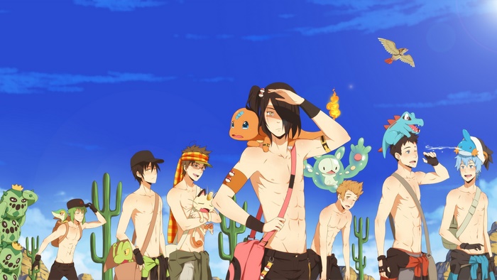 Group of shirtless men with Pokémon in a desert