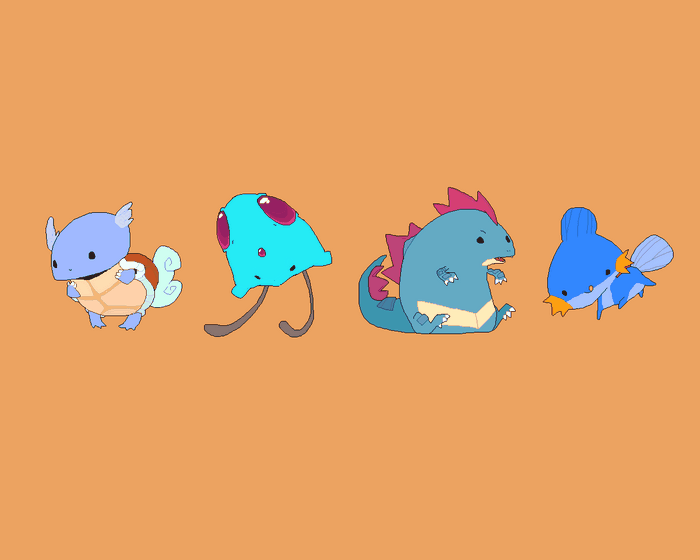 Four cute Pokemon characters on an orange background