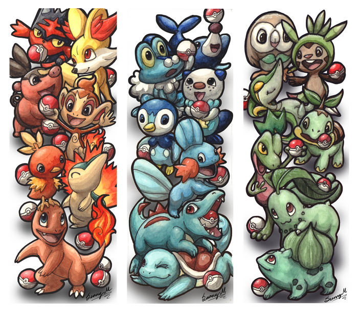Mudkip Artwork Featuring Fire, Water, and Grass Starters