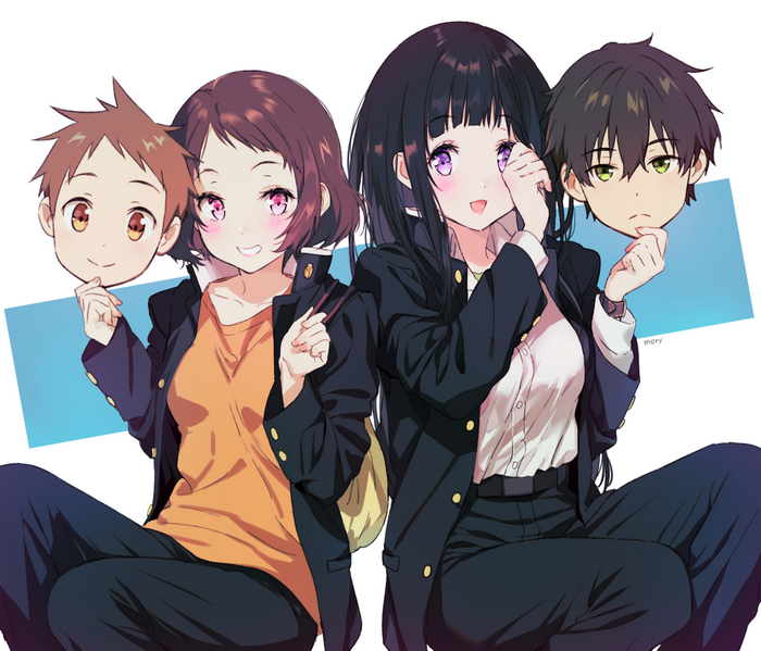 Hyouka characters holding masks of each other
