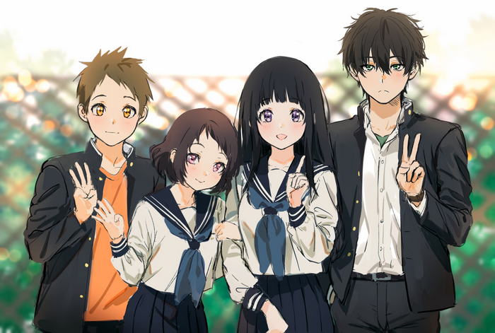 Hyouka characters Satoshi Fukube, Eru Chitanda, Oreki Houtarou, Mayaka Ibara