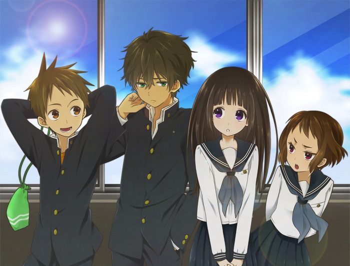 Hyouka characters Satoshi Fukube, Oreki Houtarou, Chitanda Eru, Ibara Mayaka