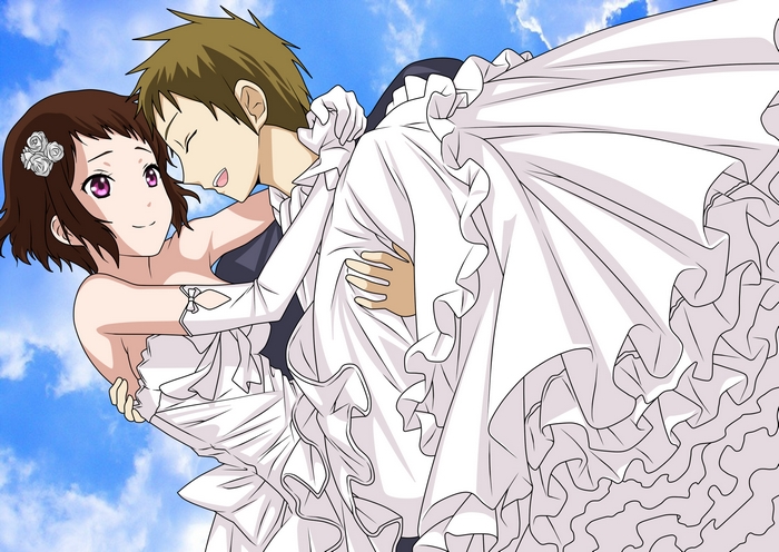 Satoshi Fukube carrying a woman in a wedding dress