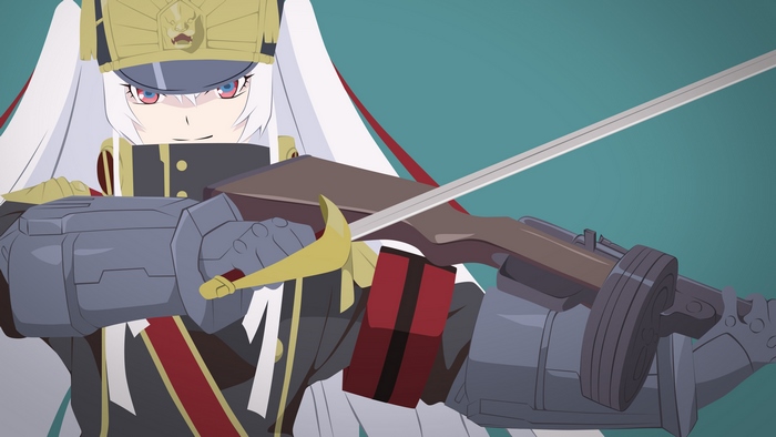 Altair from Re:Creators holding a rifle and sword