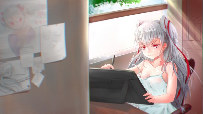 Altair from Re:Creators drawing on a tablet