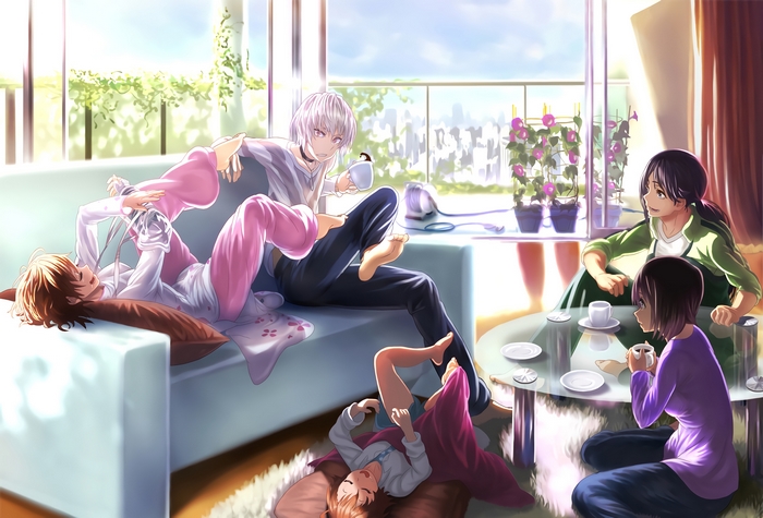 Accelerator and friends relaxing indoors