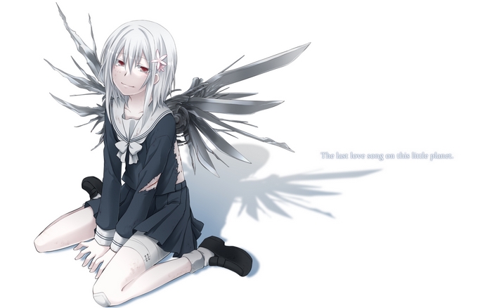 Girl with mechanical wings and text