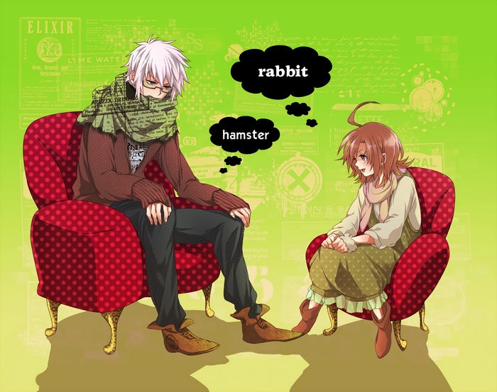 Two anime characters sitting in chairs with thought bubbles