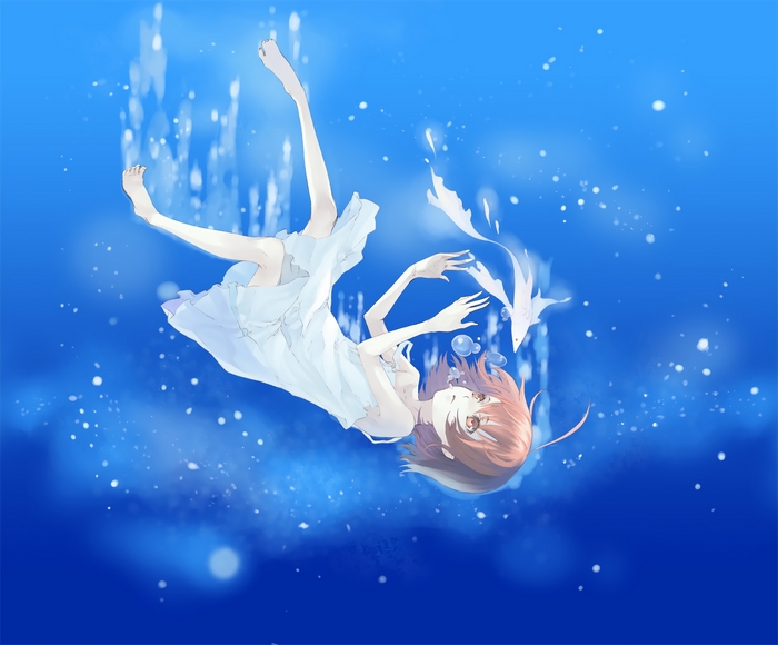Girl falling in water with fish