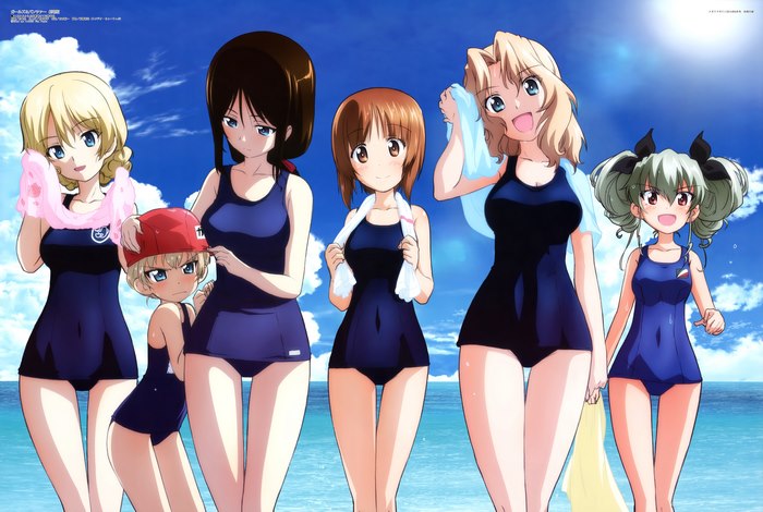 Girls und Panzer characters in swimsuits at the beach