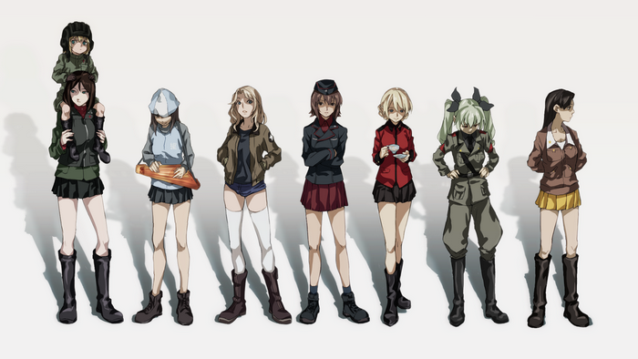 Girls und Panzer characters standing in a line