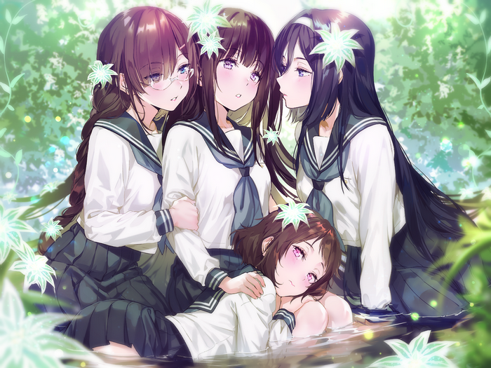 4 girls in school uniforms in a forest