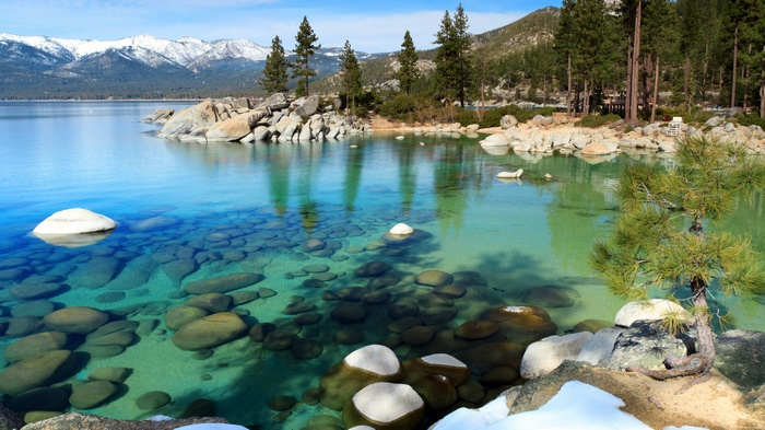 Crystal clear lake with snow-capped mountains and pine trees