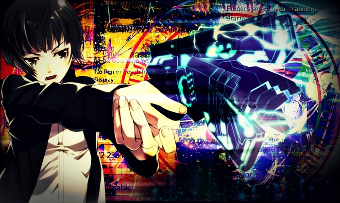 Akane Tsunemori from Psycho-Pass holding a Dominator