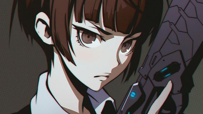 Akane Tsunemori from Psycho-Pass holding a Dominator