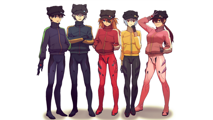 Five characters from Neon Genesis Evangelion in tracksuits
