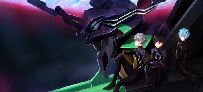 Evangelion Unit-01 with Shinji Ikari, Rei Ayanami, and Kaworu Nagisa