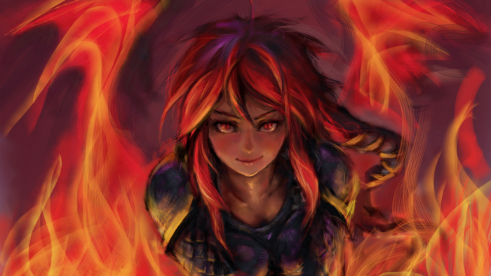 Shyvana from League of Legends surrounded by fire