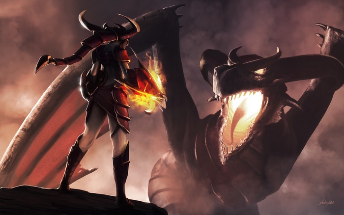 Shyvana from League of Legends fighting a dragon