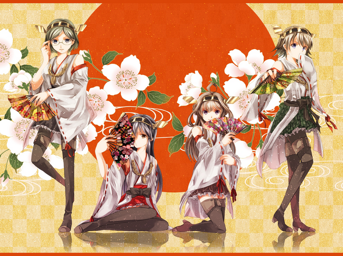 Four anime girls in kimonos holding fans