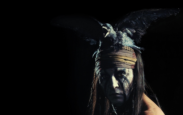 The Lone Ranger with a crow on his head